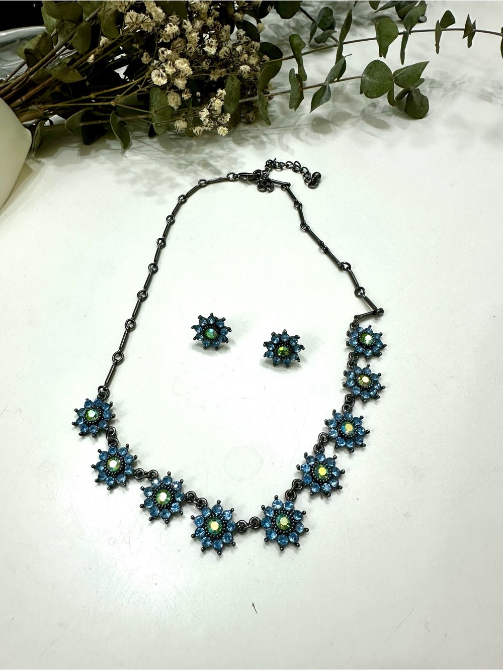 Avon Blue and Green Floral Crystal Necklace with Matching Studs
